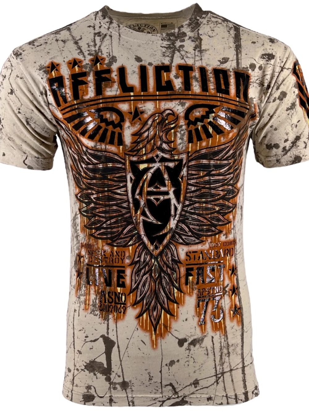 Affliction Men's Beige Tee with Bold Orange and Black Crest